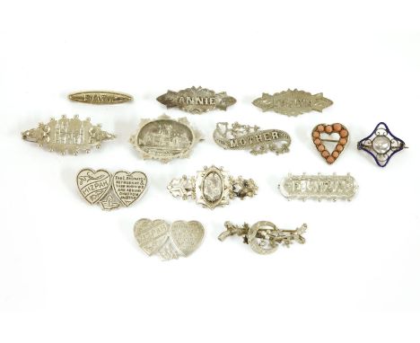 A collection of silver name brooches, to include Evelyn, Eliza and Annie, two silver brooches engraved with Peterborough Cath