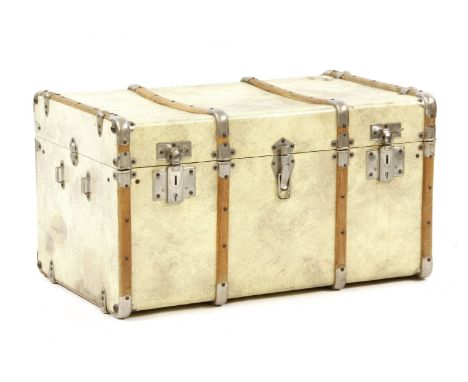 A French travelling trunk with metal and wooden bindings, 30cm x 50cm x 44cm