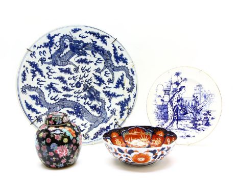 A Chinese blue and white charger, restored, 40.5cm diameter, and a Spode dish 'Tiber Pattern', a ginger jar and cover