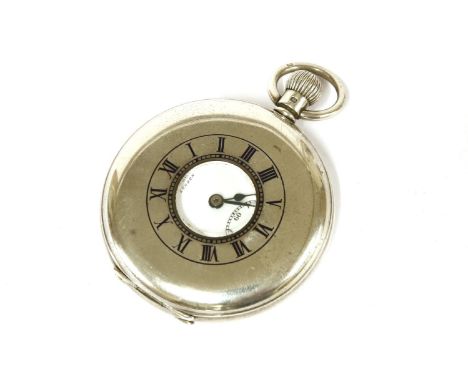 A sterling silver half hunter pocket watch, white enamel dial, signed J W Bensen London, with Arabic numerals and subsidiary 