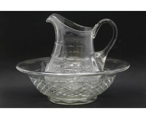 A Victorian cut glass jug and basin set, bowl 40cm diameter, jug 29.5cm high