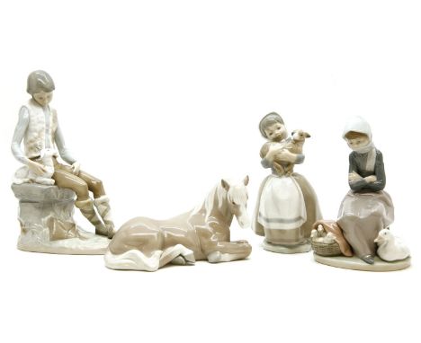 A Lladro reclining horse and Lladro group of girl with geese (af), together with two Nao figural groups of children with goat