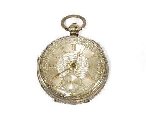 A large sterling silver open faced, key wound pocket watch, silvered engine turned dial, face rose gold, yellow gold decorati
