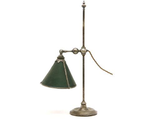 A silvered table lamp, the adjustable swing arm fitted with a green shade, 49cm high