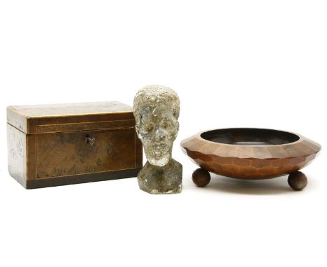 A 19th century burr walnut tea caddy, together with a convex wall mirror, a wooden bowl and an African bust (4)