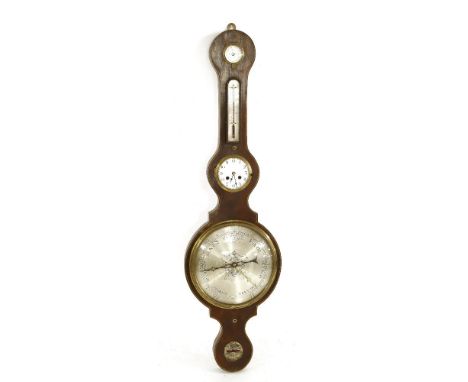 An inlaid mahogany wheel barometer, 19th century, inscribed 'A Chiesa, Puckeridge', with a clock, 105cm high, Andrea or Andre