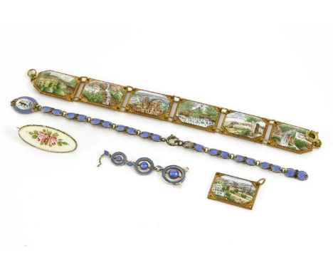 A Norwegian silver blue and black enamel bracelet, with a central plaque depicting a deer in a naturalistic setting (damaged)