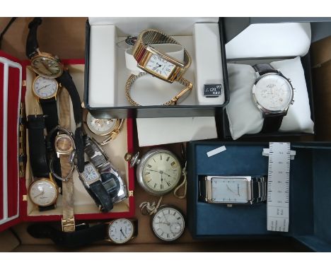 A box of assorted watches including Rotary, a ladies silver pocket watch etc.