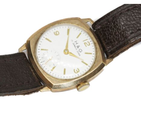 A 9ct gold wristwatch, signed H&amp;G, 17 jewel manual wind movement, case width 28mm, leather strap.