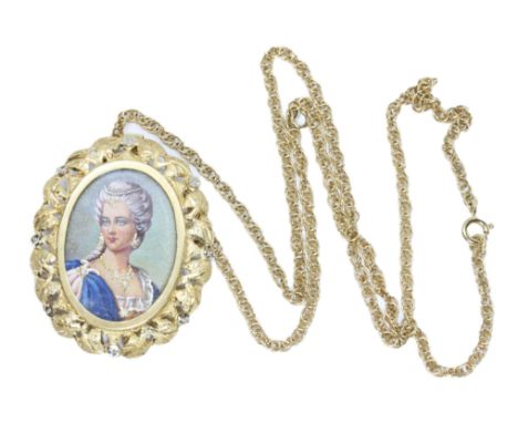 An Italian portrait pendant, length (including bale) 50mm, on 48cm chain, both marked 750, gross weight 23.1g.