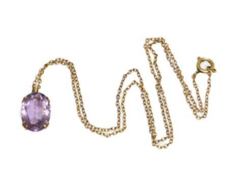 A hallmarked 9ct gold amethyst pendant on 41cm chain marked 9ct, gross weight 3g.