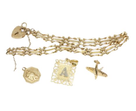 A mixed lot comprising a hallmarked 9ct gold gate bracelet (broken), a hallmarked 9ct gold charm, an aeroplane pin marked 9ct