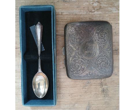 A hallmarked silver cigarette case and a hallmarked silver spoon.