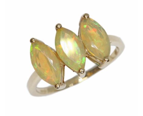 A 9ct gold three stone opal ring, sponsor CR, Birmingham 1989, gross weight 2.6g, size P.