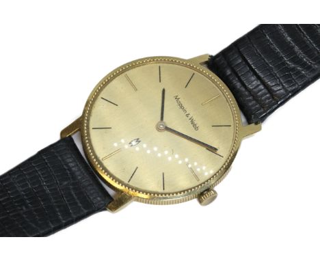 MAPPIN & WEBB, an 18ct gold wristwatch, jewelled manual wind movement, case diameter 35mm, leather strap.Condition - appears 