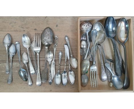 Assorted hallmarked comprising a set of six Georgian teaspoons, four teaspoons, a dessert spoon, fork, a spreader and another