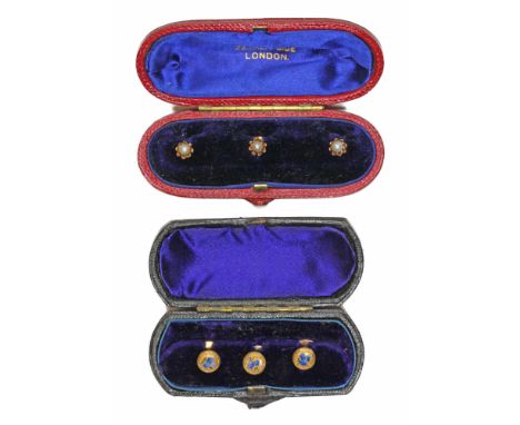 Two cased sets of shirt studs, one set with cultured pearls and marked with French 18ct marks, the other with floral enamel d