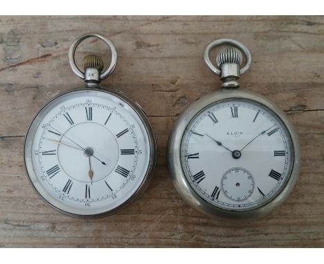 An Elgin Silvered pocket watch, the case back with gold plated horse and rider, diameter 58mm, together with a hallmarked sil