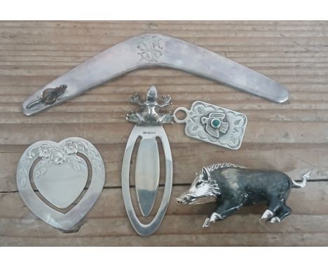 A mixed lot of hallmarked silver and white metal comprising an enamel wild boar marked 925, two hallmarked silver book marker