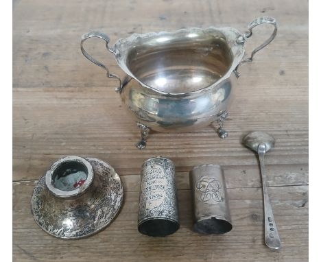 Hallmarked silver comprising a sugar bowl, a candle stick, a walking stick collar and another unmarked, approx. silver weight