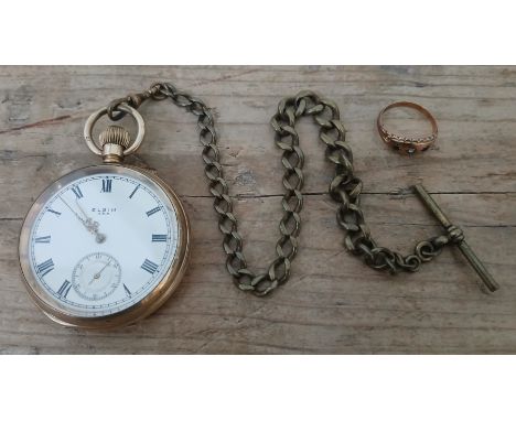 A gold plated Elgin open faced pocket watch with chain and a yellow metal ring, weight 1.6g.