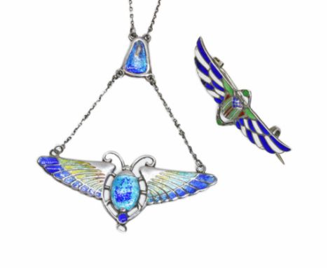 CHARLES HORNER, an Edwardian Arts &amp; Crafts silver enamel pendant necklace modelled as a stylised butterfly, wingspan 45mm