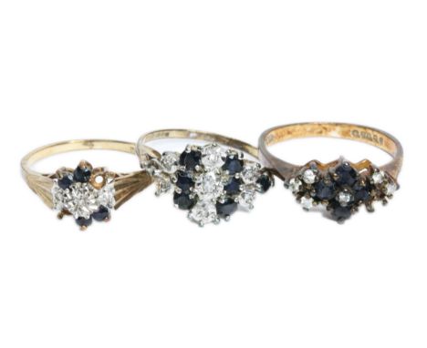 Three hallmarked 9ct gold cluster rings, gross weight 5.8g, size K/L.