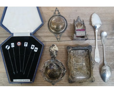 A mixed lot of hallmarked silver comprising a throne chair, a Punch tray, two strainers, two spoons and a cased set of cockta