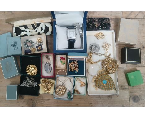 Assorted costume jewellery including named pieces, a Rotary watch etc.