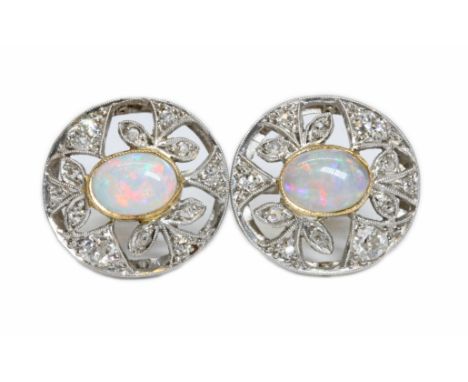 A PAIR OF OPAL AND VARI-CUT DIAMOND EARRINGS, each oval opal cabochon measuring approximately 7.60mm x 5.70mm and depth 2mm, 