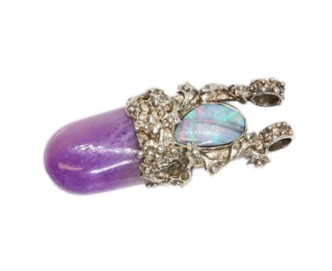 A South American white metal pink sodalite and opal doublet pendant, indistinct maker's mark, length 55mm.