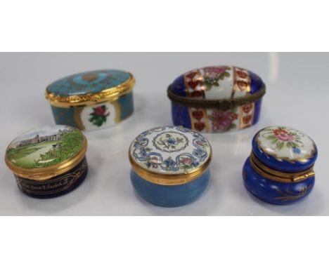 Five various porcelain and enamel trinket boxes, by Royal Worcester, Limoges and others.
