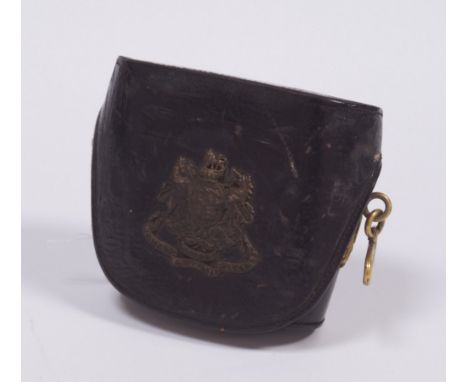 A 19thC leather military field glasses case, with gilt metal ring hanger mounts and gilt metal royal crested badge, with line