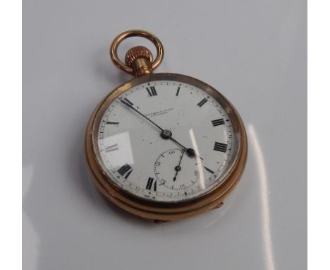 A gold plated pocket watch, for Thos Russell & Son Liverpool, with white enamel dial, Roman numerals, seconds dial, blue hand