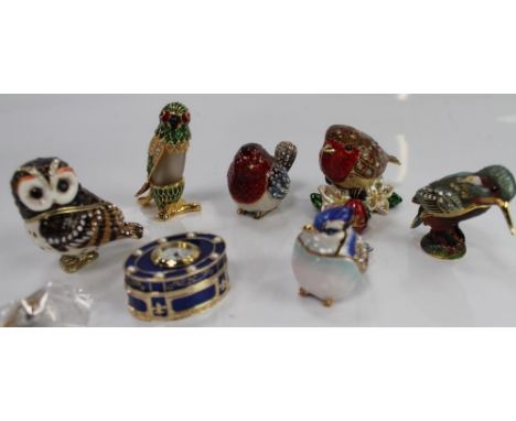 Hidden Treasures enamelled birds, and a clock trinket box, (7).