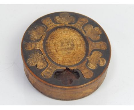 A 19thC horn and inlaid mahogany snuff box, with an inscription to the lid 'The gift is small goodwill to all', 10cm.