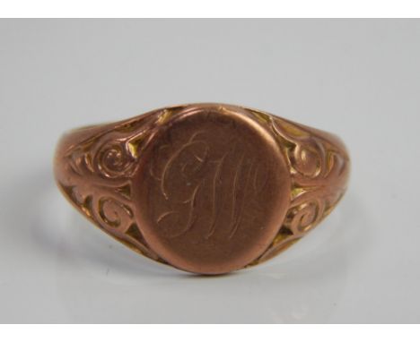 A 9ct gold signet ring, with inscription to inside Patty Sept. 10. 1915, bearing the initials GW, 5.7g.