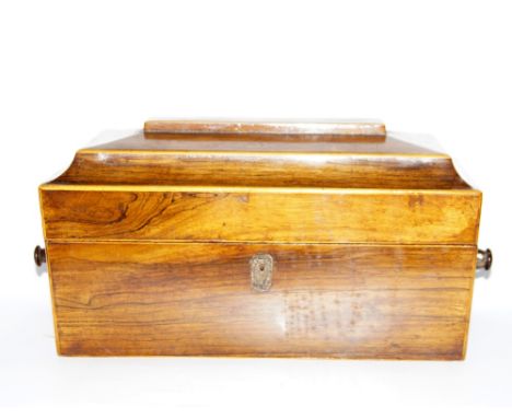 A Victorian rosewood sarcophagus tea caddy, with satinwood stringing and fitted interior, 36cm over handles.