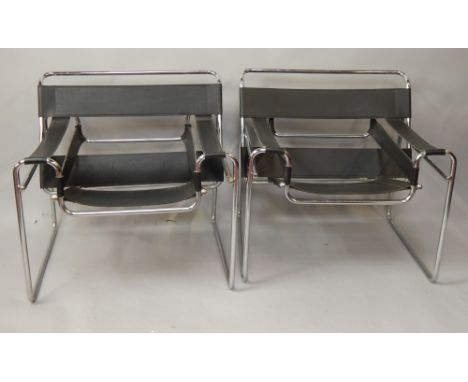 A pair of 1980s chrome and leather armchairs, and a 1960s pouffe.