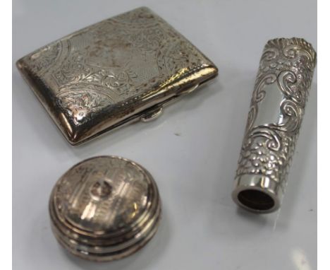 A chased silver cigarette case, silver pill box and a Edwardian silver tapering sleeve, (3).