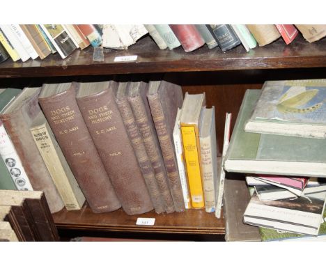 A shelf of books relating to dogs, dog breeding, and dog showing.