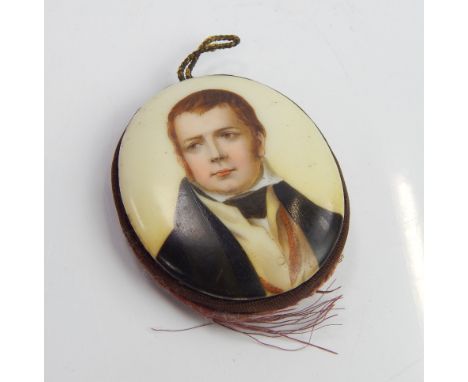 A late 19thC painted porcelain portrait miniature, head and shoulders study of a gentleman in formal dress. 