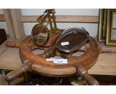 Mixed Lot: Ships wheel, vintage car light and a magnifying glass