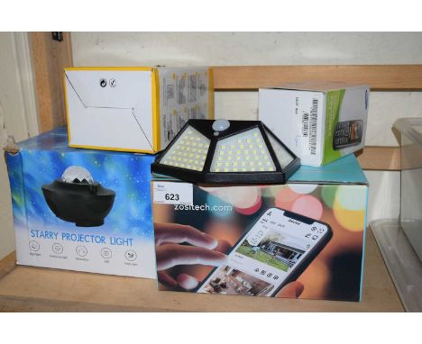 Samsung Keystone 2 phone, a Zosi wireless security camera, blood pressure monitor, star projection light