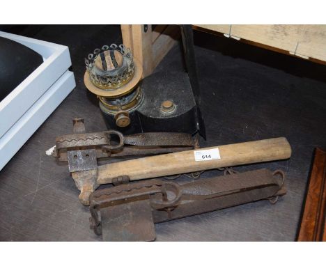 Vintage wall mounted oil lamp and two traps