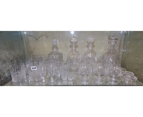 PAIR OF CUT GLASS BARREL DECANTERS AND STOPPERS, SQUARE SECTION DECANTER AND STOPPER, BRANDY BALLOONS AND TUMBLERS