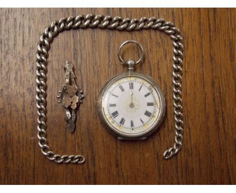 CONTINENTAL 935 SILVER CASED ENGRAVED FOB WATCH, SMALL SECTION OF HALLMARKED SILVER ALBERT CHAIN AND A SILVER BAR BROOCH