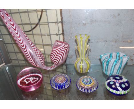 NAILSEA ORNAMENTAL WHITE OPAQUE PIPE, CAITHNESS PAPERWEIGHTS AND LATTICINO GLASS VASE AND HANDKERCHEF BOWL