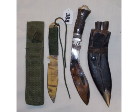 SMALL KHUKURI IN SHEATH, LIONS POMMEL HILT 15CM AND A SMALL CAMOUFLAGED HUNTING KNIFE