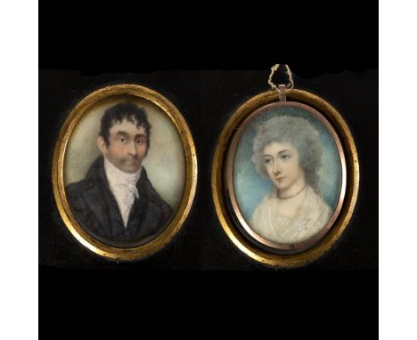 19th Century English School oval miniature portrait of a lady, 6cm x 4.5cm, and another of a gentleman, 7cm x 6cm (2)